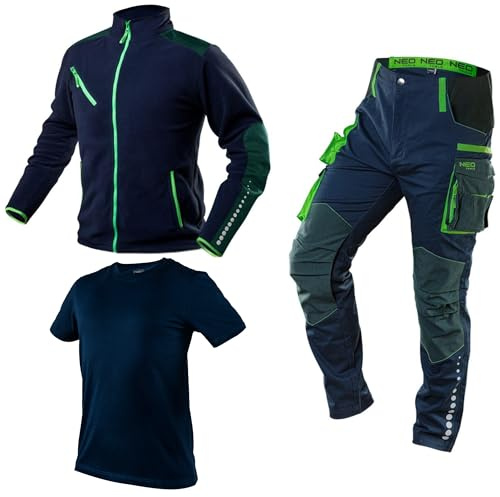 NEO TOOLS Pantalon de travail + veste de travail en polaire + t-shirt de travail | Ensemble de vêtements de travail de qualité supérieure pour hommes Tailles S à 3XL - Vêtements de travail durables de