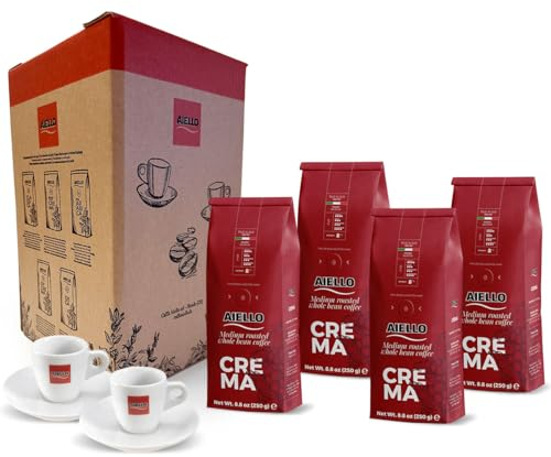 CAFFE' AIELLO SPECIAL BOX - 4X250 Gr Soft Pack CREMA GRANI - Tostatura Media - In Atmosfera Protettiva con Valvola Salva-Freschezza + Coppia di Tazzine con Piattini di Vera Porcellana Dura Italiana