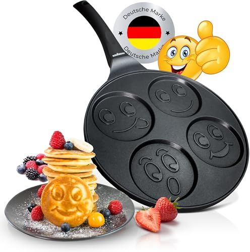endusor Padella per Pancake con Faccine per Bambini - Ø26cm Padella per Pancakes smiley antiaderente | Per Fornelli a Induzione Gas Ceramica Elettrici Alogeni | Piastra 4 stampi per Pancakes Smiley
