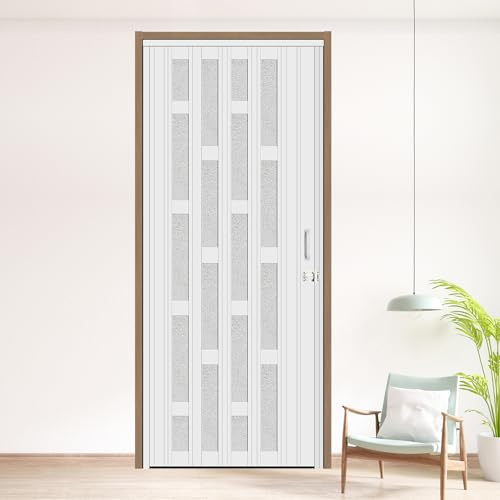 HARDJULAN 36X79in Frosted Acrylic Glass PVC Accordion Folding Door for Closet,Multifold Interior Door with Installation Hardware,Includes Handle and Latch,White Beech