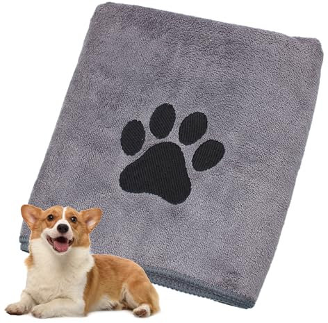 XIASHENG 1 Stück Hundehandtuch 75x35Cm Hunde für Katzen,Hunde Oder Andere Haustiere Hunde Handtuch Extra saugfähig,Schnelltrocknend Haustier Mikrofaser Handtücher mit Bestickten Pfoten-Grau