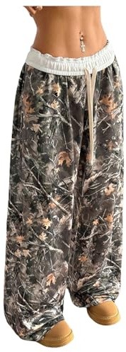 SOLY HUX Women's Camo Pants Wide Leg Baggy Sweatpants Elastic Waist Drawstring Loose Pants Trendy Y2K Drawstring Trousers Green Camo Medium