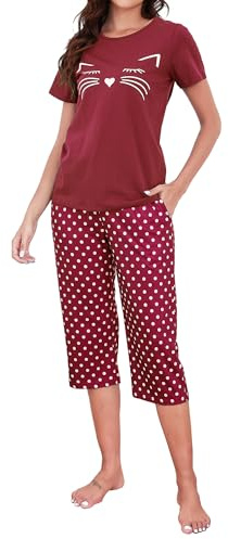 TeJoyce Dampyjamas kort bomull sommar, tvådelad pyjamas kvinnor, set kortärmad skjorta med katt och 3/4 byxor med fickor, mjuk och bekväm loungewear för att sova S–XXL