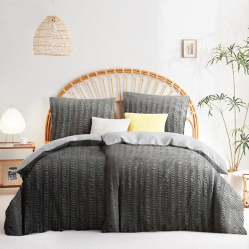 Wajade Seersucker Bettwäsche 135x200 4teilig Bettbezug - Bettwäsche-Sets 135 x 200 cm 2er Set mit 2 Kissenbezüge 80x80cm Grau Polyester Mikrofaser Bedding 2er Set mit Reißverschluss