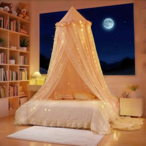 Eimilaly Ciel de lit princesse pour filles, auvent double couche avec 250 rideaux lumineux blanc chaud, convient pour lit simple/deux places – Tente de lit féérique pour décoration de chambre d'enfant