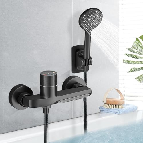 Grifo de bañera Cascade de pared, mezclador de bañera con ducha de grifo, mezclador para baño de latón negro, mezclador de bañera con manguera de PVC de 1,5 m, negro mate