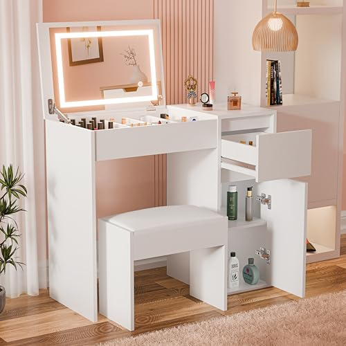 Blisswood Dressing Table with Flip-Up Mirror and Led lights, Vanity Makeup Desk with Stool and Hidden Storage, Convertible Writing or Office Table, Make up Bedroom Dresser for Girls Room, White
