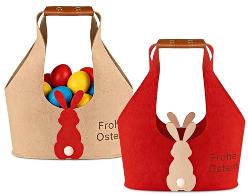 Kuvarix 2 Bolsa de Conejo de Pascua, Rojo/Caqui Bolsas de Fieltro de Pascua, Cesta de Pascua para Niños Para Huevos, Dulces, Galletas, Regalos de Pascua para Niños y Niñas
