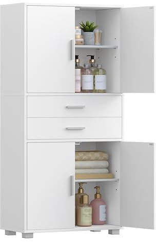 Hzuaneri Armario Alto Baño, Columna Mueble Auxiliar con Estantes Ajustables, 2 Cajones y 4 Puertas, 30 x 60 x 125,5 cm, Moderno, para Cocina, Salón, Blanco SC60003X