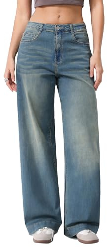 vittorio y Jeans Donna Vita Alta Gamba Larga Denim Elasticizzato Lavaggio Chiaro Casual Streetwear Comodi (IT, Testo, XXL, Regular, Regular, Denim)