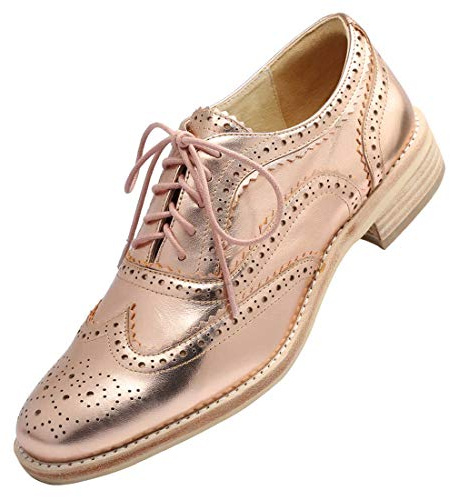Women's Oxford Shoes Lether Metallic Rose Gold Full Brogue Perforated Lace Up Wingtips Vintage Casual Flats Size 9
