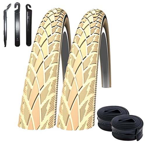 2 x Schwalbe Road Cruiser 26 Fahrradreifen Fahrradmantel Reflex Creme 47-559 (26 x 1.75) + 2 Schwalbe Schläuche SV13 inkl. 3 Reifenheber