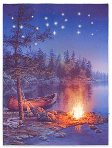 Nexos Trading LED Wandbild Leinwandbild mit Beleuchtung Fotodruck Kanu 30x40 cm Kunstdruck Leuchtbild Effekt-LED Flussufer Lagerfeuer