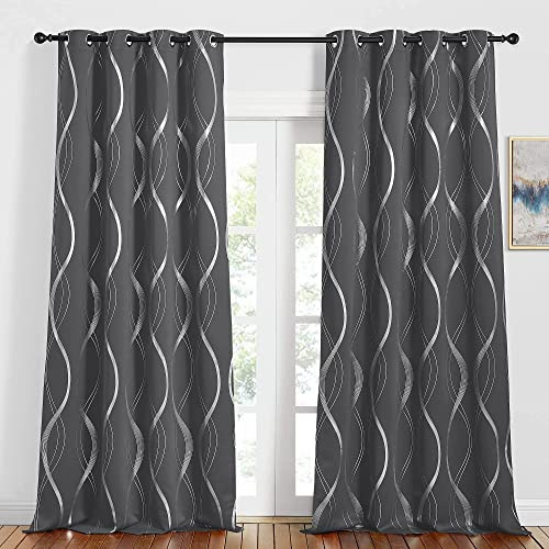 PONY DANCE Grå gardin, ogenomskinlig, öljettgardin i set om 2, H 245 x B 140 cm, mörkläggningsgardiner, med silverfolietryck, dekorativa gardiner, fönstergardiner, vardagsrum, modern termogardin