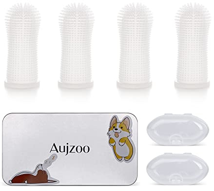 Aujzoo Spazzolino da denti per cani, Spazzolino per pulizia denti animali domestici a 360° per cani Gatti Cura dentale, Spazzolino per denti in silicone Set di 4