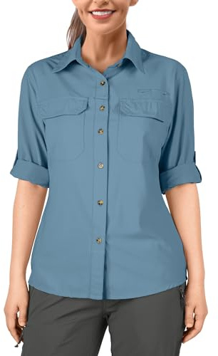 33,000ft Camisa para mujer UPF50+ con protección UV, de secado rápido, para tiempo libre, manga larga, para senderismo, pesca, safari, viajes, golf, Acero azul., XL