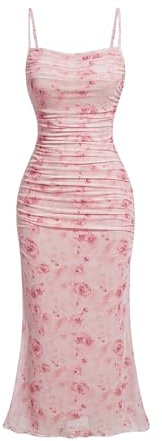 GORGLITTER Women's Floral Spring Summer Wedding Guest Dress Bridal Shower Cocktail Tea Party Beach Midi Sun Dress 2026 Pink Large