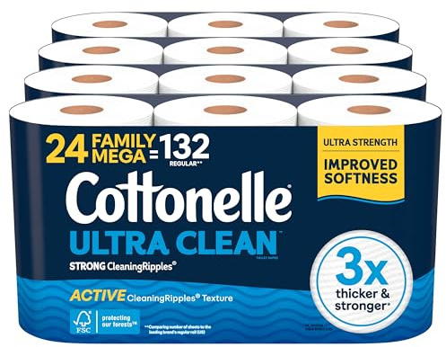 Cottonelle Ultra Clean Toilet Paper with Active CleaningRipples Texture, Strong Bath Tissue, 24 Family Mega Rolls = 132 Regular Rolls (4 Packs of 6)
