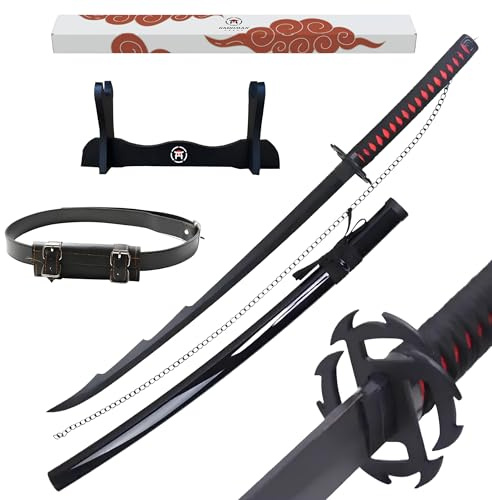 Hashiman - Katana Bleach - Réplique Manga Sabre + Support Epée Bois + Ceinture - Catana Japonais Cosplay Décoration Jouet Enfant Adulte - Jeu Déguisement Deco Ninja (V2)