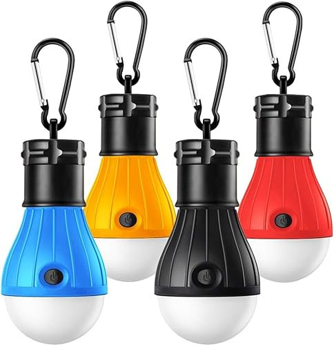 Camping Lights, Tent Lights with Carabiner Clips - Waterproof Portable Battery Operated Emergency Tent LED Light Bulb Lamp Lantern for Outside Camping Outdoor Hiking Fishing (4 Pack)