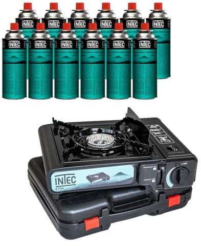 INTEC - Réchaud gaz Portable ETNA 2200 W (Piezo/Mallette) | Mega Kit avec 12 Cartouches Butane Incluses | L'équipement idéal pour Camping, Randonnée et Road Trips.