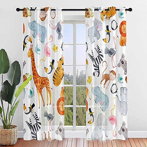 Odot 2 Pezzi Tende per Interni in Voile Semi Trasparenti per Bambini, Stampa Animali del Fumetto Tenda con Occhielli per Finestre Soggiorno Cucina Camera da Letto Balcone (140x275cm,Zoo)