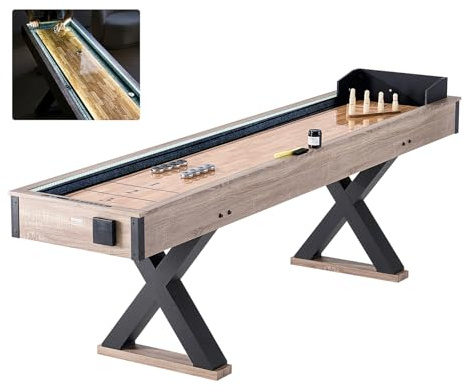 VEVOR Shuffleboard-Tisch 274 cm mit LED-Beleuchtung für Familienspielzimmer, Bowling-Kombispielset, mit kratzfestem Spielfeld, Beinen, 8 Pucks, Bowlingset, Wachs