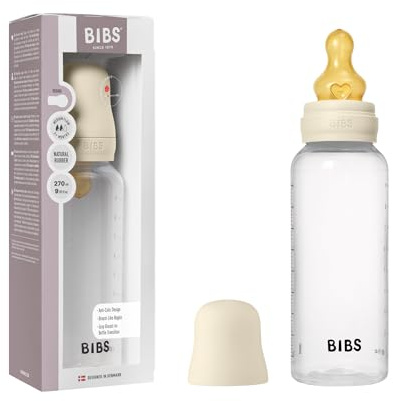 BIBS Baby Bottle 270 ml Natural Rubber Latex Nipple - Anti-Colic, BPA-Free, Round Nipple, Medium Flow, Lightweight & Easy to Clean, Suitable for Newborns 0+ Years - Ivory