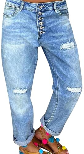 Jeans Skinny Donna Jeans Effetto Consumato da Donna, Tinta Unita, Lavato, Lavato, con Foro strappato, Bottoni a Vita Alta con Pantaloni Jeans tascabili Jeans Donna Skinny Pushup Pantaloni (Blue, M)