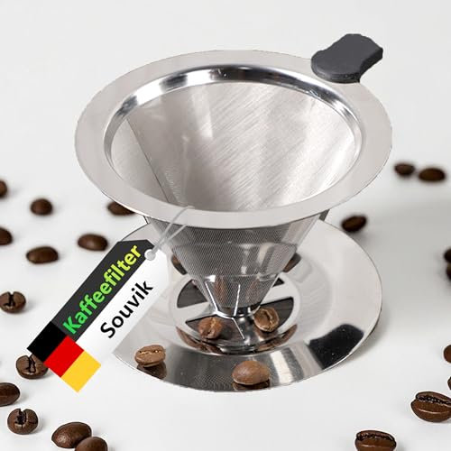 Souvik Kaffeefilter Edelstahl Wiederverwendbar Papierloser Dauerfilter mit Kaffeefilterhalter Perfekt für Manuelle Kaffeezubereitung und Pour Over Nachhaltiger Kaffeefilter für Filterkaffee