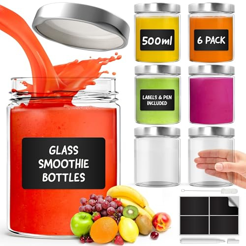 Vaso Vetro con Coperchio 500 ml - Confezione da 6, Bottiglie di Vetro a Tenuta Stagna con Coperchi per Chiusura Ermetica, Bottiglia Ideale per Frullati, Milkshake, Salse, Conservazione di Alimenti, Su