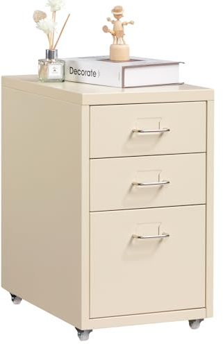 HollyHOME 3 tiroirs, classeur mobile, dossier de fichiers sous le bureau, armoire de rangement en métal avec roulettes pour la maison ou le bureau, crème