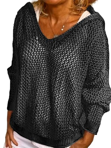 Sweat à capuche en crochet pour femme, pull léger en maille ajourée, pull à manches longues, épaules tombantes, couverture de plage, Noir , M