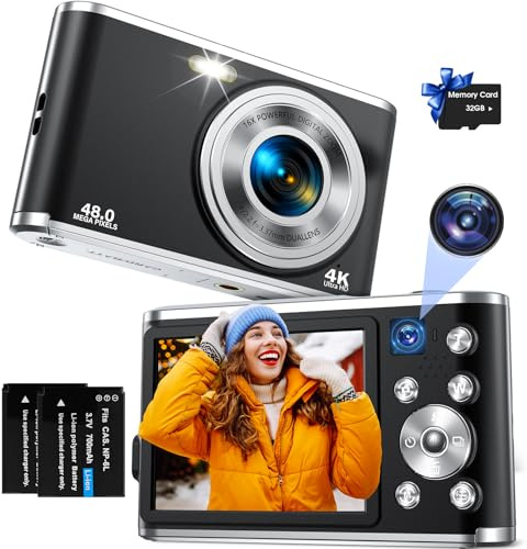 Appareil Photo numérique, Autofocus 4K Appareil Photo Compact avec Carte mémoire 32 Go, Double Objectif HD 48 MP, Zoom numérique 16x, Grand écran 2,8 Pouces Appareil Photo numérique pour débutants