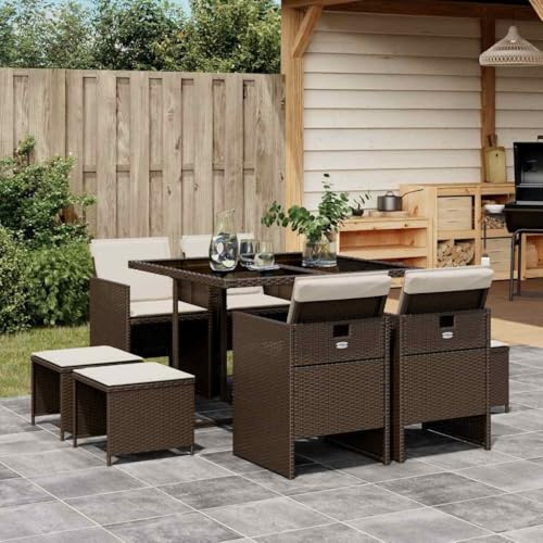 Mokuyary Grupo de comedor de jardín de 9 piezas, con cojín, color marrón, poliratán, mesa de comedor, mesa de comedor, impermeable, muebles de balcón para porches, patios, terrazas, escritorio