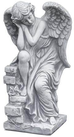 gartendekoparadies.de Angelo sognante sul muro, in pietra, grigio, antigelo, 44 cm, statuetta da giardino per terrazza e scavo