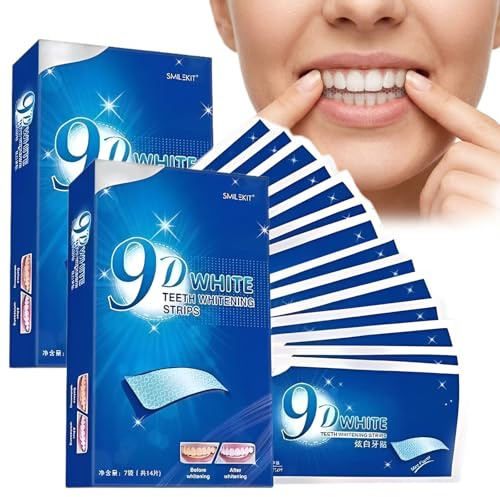 Strisce Sbiancanti Denti 28 Pezzi (2 Confezioni da 14), Kit Sbiancante Denti Professionale 9D per Denti Bianchi, Rimuove Macchie di Caffè e Fumo, Trattamento Sbiancamento Denti a Casa e in Viaggio