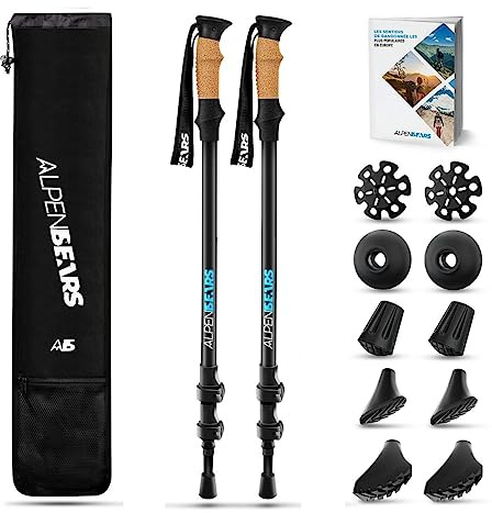 Alpen Bears Bâtons de randonnée Premium avec poignée en liège véritable - Légers et télescopiques, pour Hommes et Femmes - Réglables pour la randonnée et Le Trekking - Idéal pour la Marche Nordique