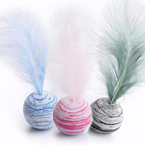 LAIYOHO Indoor Cat Feather Toys & Interactive Balls - 3 Colors (Blue/Pink/Green) | Kitten Chew Scratch Toys