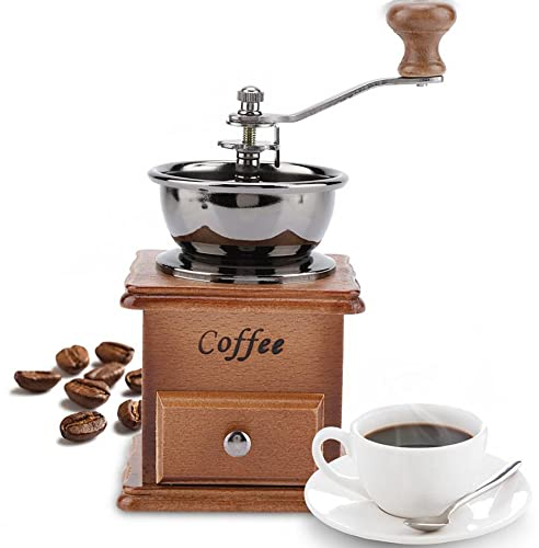 Retoo Kaffeemühle, Braun Retro Manuelle Kaffeemühle auf Holz mit Handkurbel, Tragbar, Kaffee Mühle im Antik Design, Espressomühle für Kaffee Bohnen, Edelstahl