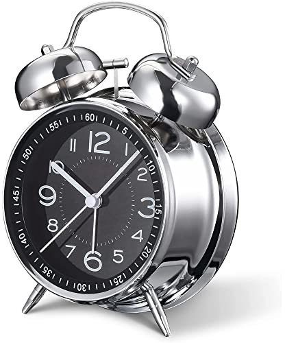 Silent Non-Ticking Bedside Alarm Clock, 4 Metal Structure, Retro Vintage Design with Twin Bell, Perfect for Heavy Sleepers, Kids and Bedrooms. Analogue Quartz and Battery Operated. (BLACK DIAL)