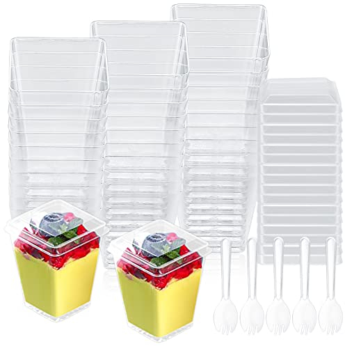 50 Stk Dessertbecher, Dessertschalen, wiederverwendbare Plastik Dessertbechern, 160 ml/5,4 oz clear Desserttasse für Dessert, Pudding, Kleinigkeiten, Party, mit 50 x Suppenlöffeln, 50 x Deckel