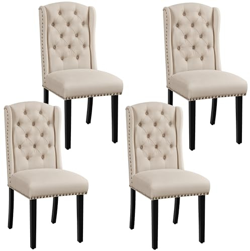 Yaheetech Set 4 Sedie Sala da Pranzo Tessuto Imbottite Eleganti Gambe in Legno Massello Schienale Alto con Bottoni Portata 140 kg Beige