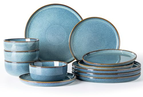 GBHOME Ceramic Dinnerware Sets for 4, 12 Pieces Stoneware Plates and Bowls Sets, Reactive Glaze Dishes -Scratch Resistant, Dishwasher&Microwave Safe, Space Blue