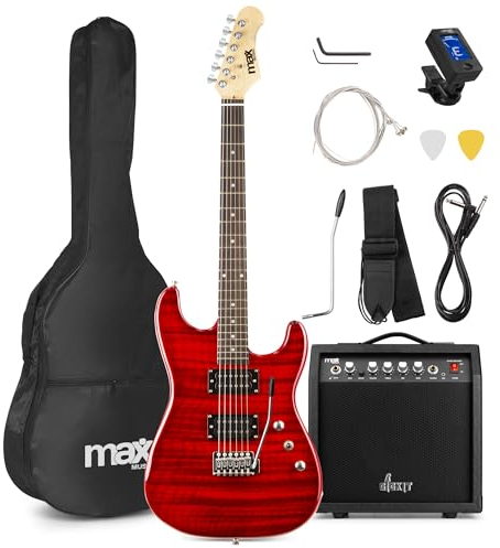 Max GigKit E Gitarre Quilted Style, E Gitarren Set mit Verstärker, Gitarrentasche, Plektrum, Stimmgerät Gitarre, Instrumentenkabel, Ersatzsaiten und Gitarrengurt, 22 Bünde - Dunkel Rot