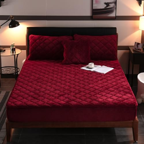 Sedefen Spannbettlaken 90x200 cm Burgundy Rot Biber Warme Flannell ＆ Füllung Baumwolle Bettlaken Flauschige Kariertmuster Cashmere Touch Boxspringbett Spannbetttuch für 25 bis 30cm Matraze