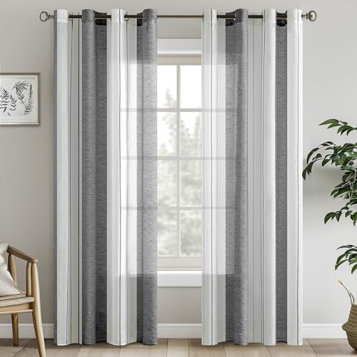 EMEMA Vorhänge mit Ösen Grau-Weiss Streifen Voile Gardinen Moderner Wohnzimmer 2er Set Stores Schals mit Ösenschal Halbtransparent Dekorieren Schlafzimmer Vorhang 140x225cm