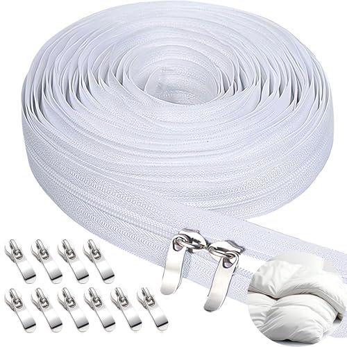 Alluring Endlosreißverschluss mit Zipper 10m, #3 Weiß Reißverschluss Meterware, Nylon Reisverschluss Endloses mit 10 Metall Schieber für Taschens, Kleidung, Bettwäsche Kissen usw