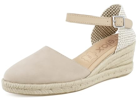 JOMIX Sandali Espadrillas Donna con Zeppa Scarpe Estive Punta Chiusa in Vera Pelle Cinturino Regolabile Eleganti e Comode ES2506 Beige 38