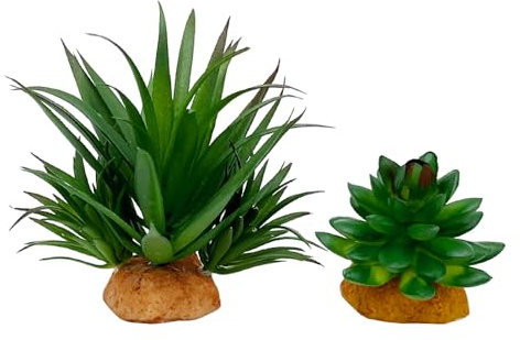 Reptile Artificial Plants Succulent Terrarium Decor Desert Rain Forests Plant Lizard Bearded Dragon Chameleon Gecko Snake Amphibian Habitat Hideout Turtle Tank Accessories (Green-2pcs-Set)